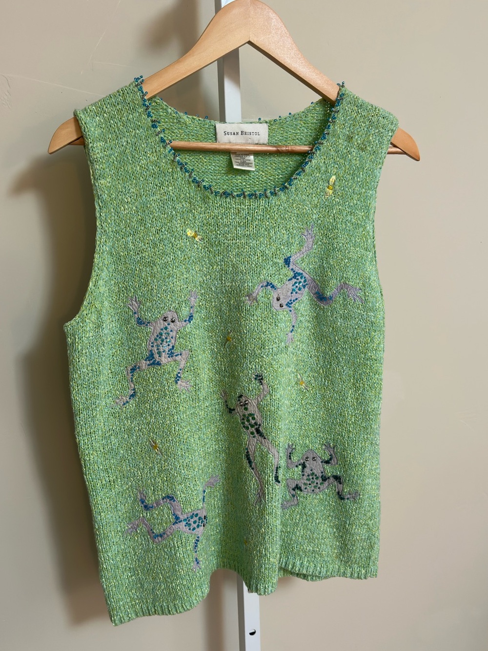 Susan Bristol 2003 Hand Embroidered Frog Sweater Vest Large Whimsical Y2K